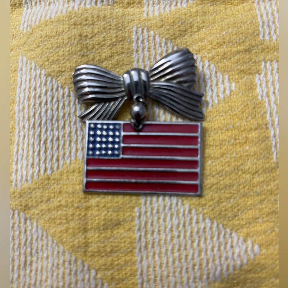 Vintage aluminum Silver Bow American Flag Brooch